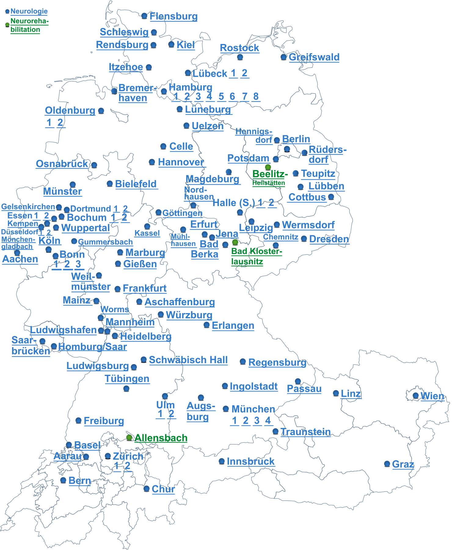 Landkarte mit den Zentren